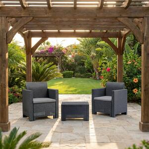 BICA Salotto da Giardino con 2 Poltrone e Tavolino con Cuscini in Rattan PE colore Antracite - Nebraska