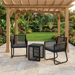 VivaGarden Salotto da Giardino con 2 Poltrone e Tavolino con Cuscini in Rattan PE colore Nero