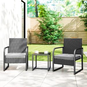 VivaGarden Salotto da Giardino con 2 Poltrone e Tavolino con Piano in Vetro in Rattan colore Nero