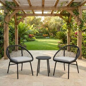 VivaGarden Salotto da Giardino con 2 Sedie e Tavolino con Cuscini in Acciaio e Rattan PE colore Nero
