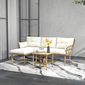 VivaGarden Salotto da Giardino con Chaise Longue Divanetto Cuscini e Tavolino in Rattan e Acciaio colore Bianco Crema e Legno