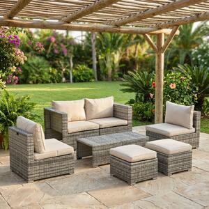 VivaGarden Salotto da Giardino con Divano 2 Posti 2 Poltrone 2 Pouf e Tavolino con Cuscini in Rattan PE colore Beige