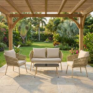 VivaGarden Salotto da Giardino con Divano 2 Posti 2 Poltrone e Tavolino con Cuscini in Acciaio colore Beige