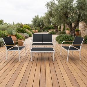 VivaGarden Salotto da Giardino con Divano 2 Posti 2 Poltrone e Tavolino con Cuscini in Acciaio/Textilene colore Bianco e Nero - Menton