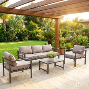 VivaGarden Salotto da Giardino con Divano 2 Posti 2 Poltrone e Tavolino con Cuscini in Alluminio colore Taupe - Luton