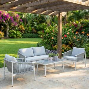 VivaGarden Salotto da Giardino con Divano 2 Posti 2 Poltrone e Tavolino con Cuscini in Alluminio colore Grigio Chiaro- Phoenix