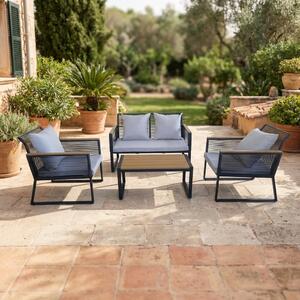 VivaGarden Salotto da Giardino con Divano 2 Posti 2 Poltrone e Tavolino con Cuscini in Acciaio/Polyrattan colore Nero - Gordes