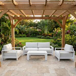 VivaGarden Salotto da Giardino con Divano 2 Posti 2 Poltrone e Tavolino con Cuscini in HPL e Alluminio colore Grigio e Bianco