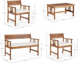 VivaGarden Salotto da Giardino con Divano 2 Posti 2 Poltrone e Tavolino con Cuscini in Legno di Acacia colore Marrone - Bali