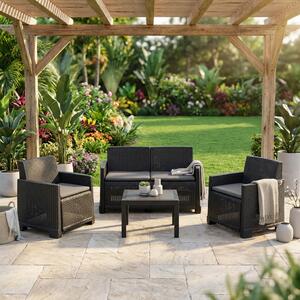 IPAE PROGARDEN Salotto da Giardino con Divano 2 Posti 2 Poltrone e Tavolino con Cuscini in Rattan PE colore Antracite - Iseo