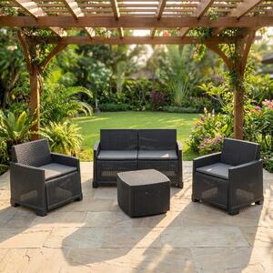 IPAE PROGARDEN Salotto da Giardino con Divano 2 Posti 2 Poltrone e Tavolino con Cuscini in Rattan PE colore Antracite - Como