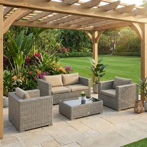 VivaGarden Salotto da Giardino con Divano 2 Posti 2 Poltrone e Tavolino con Cuscini in Rattan PE colore Beige