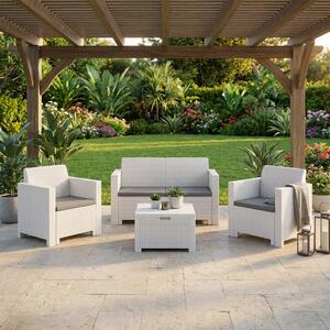 BICA Salotto da Giardino con Divano 2 Posti 2 Poltrone e Tavolino con Cuscini in Rattan PE colore Bianco