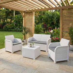 VivaGarden Salotto da Giardino con Divano 2 Posti 2 Poltrone e Tavolino con Cuscini in Rattan PE colore Bianco