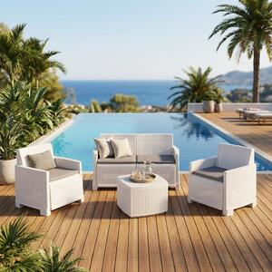TOOMAX Salotto da Giardino con Divano 2 Posti 2 Poltrone e Tavolino con Cuscini in Rattan PE colore Bianco - Como