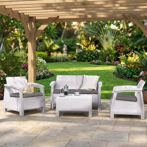 KETER Salotto da Giardino con Divano 2 Posti 2 Poltrone e Tavolino con Cuscini in Rattan PE colore Bianco - Corfu Lounge