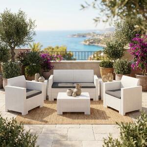 VivaGarden Salotto da Giardino con Divano 2 Posti 2 Poltrone e Tavolino con Cuscini in Rattan PE colore Bianco
