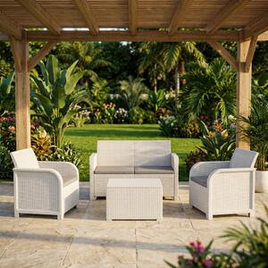 KETER Salotto da Giardino con Divano 2 Posti 2 Poltrone e Tavolino con Cuscini in Rattan PE colore Bianco - Emma Lounge