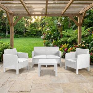 TOOMAX Salotto da Giardino con Divano 2 Posti 2 Poltrone e Tavolino con Cuscini in Rattan PE colore Bianco - Matilde