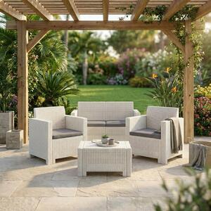 BICA Salotto da Giardino con Divano 2 Posti 2 Poltrone e Tavolino con Cuscini in Rattan PE colore Bianco - Nebraska 2