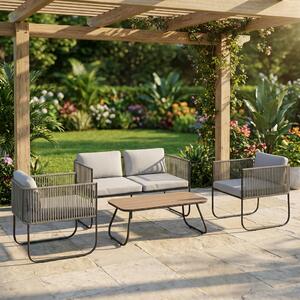 VivaGarden Salotto da Giardino con Divano 2 Posti 2 Poltrone e Tavolino con Cuscini in Rattan PE colore Grigio