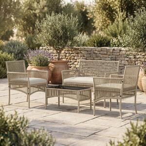 VivaGarden Salotto da Giardino con Divano 2 Posti 2 Poltrone e Tavolino con Cuscini in Rattan PE colore Kaki/Nero