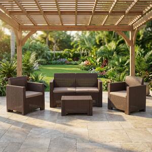 BICA Salotto da Giardino con Divano 2 Posti 2 Poltrone e Tavolino con Cuscini in Rattan PE colore Marrone - Nebraska 2