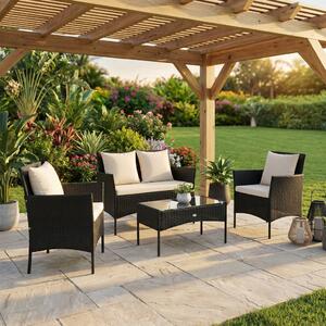 VivaGarden Salotto da Giardino con Divano 2 Posti 2 Poltrone e Tavolino con Cuscini in Rattan PE colore Nero