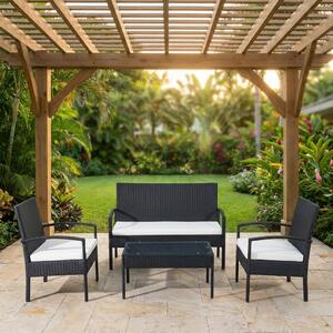 VivaGarden Salotto da Giardino con Divano 2 Posti 2 Poltrone e Tavolino con Cuscini in Rattan PE colore Nero