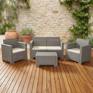 VivaGarden Salotto da Giardino con Divano 2 Posti 2 Poltrone e Tavolino con Cuscini in Rattan PE colore Tortora