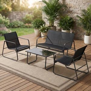 VivaGarden Salotto da Giardino con Divano 2 Posti 2 Poltrone e Tavolino in Metallo/Textilene colore Nero - Outsunny