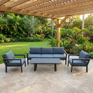 Amicasa Salotto da Giardino con Divano 3 Posti 2 Poltrone e Tavolino con Cuscini in Acciaio e Polywood colore Antracite - Set Giard 2