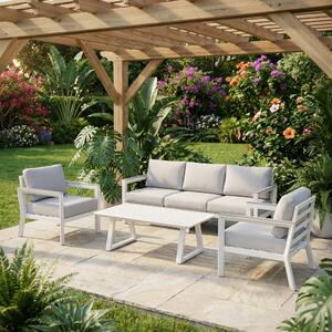 Amicasa Salotto da Giardino con Divano 3 Posti 2 Poltrone e Tavolino con Cuscini in Alluminio colore Bianco - Imperia