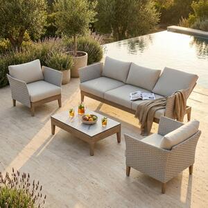 VivaGarden Salotto da Giardino con Divano 3 Posti 2 Poltrone e Tavolino con Cuscini in Alluminio Effetto Rattan colore Marrone/Grigio - Flamengo