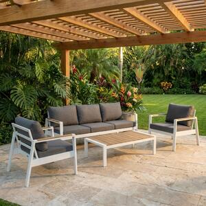 VivaGarden Salotto da Giardino con Divano 3 Posti 2 Poltrone e Tavolino con Cuscini in Polywood e Poliestere colore Grigio Scuro e Bianco
