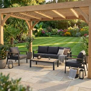 VivaGarden Salotto da Giardino con Divano 3 Posti 2 Poltrone e Tavolino con Cuscini in Polywood e Poliestere colore Marrone e Antracite