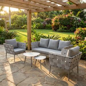 VivaGarden Salotto da Giardino con Divano 3 Posti 2 Poltrone e Tavolino con Cuscini in Tessuto e Alluminio colore Grigio/Tortora
