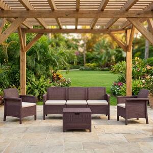 BICA Salotto da Giardino con Divano 3 Posti 2 Poltrone e Tavolino con Cuscini in Rattan PE colore Marrone - Venezia III