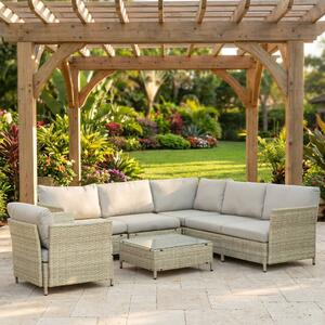 VivaGarden Salotto da Giardino con Divano Angolare 1 Poltrona e Tavolino con Cuscini in Rattan PE colore Beige