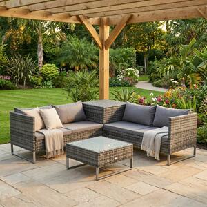 VivaGarden Salotto da Giardino con Divano Angolare con Angolo Contenitore e Tavolino con Cuscini in Rattan PE colore Grigio