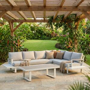 Amicasa Salotto da Giardino con Divano Angolare 5 Posti e Tavolino in Alluminio/Poliestere colore Bianco/Grigio - Royal