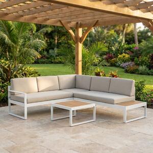 Amicasa Salotto da Giardino con Divano Angolare e Tavolino con Cuscini in Alluminio/Polywood colore Bianco/Grigio - Corallo