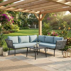 VivaGarden Salotto da Giardino con Divano Angolare e Tavolino con Cuscini in Rattan PE colore Grigio/Blu