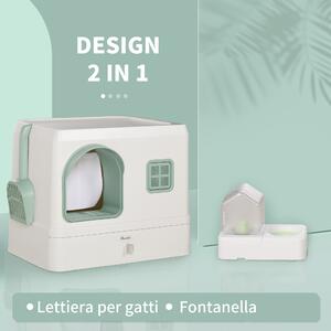 PawHut Lettiera Coperta per Gatti e Fontanella, Vassoio e paletta 50x40x40cm, Verde e Bianca