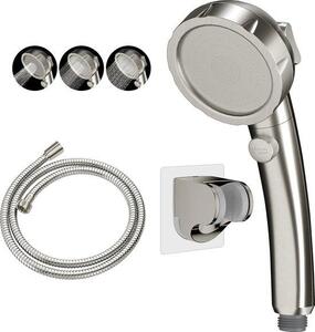 Set doccia a mano senza necessità di foratura, con pulsante per 3 modalità di getto d'acqua; set doccia a risparmio idrico con accessori rimovibili (compresi soffione, braccio e rubinetto)