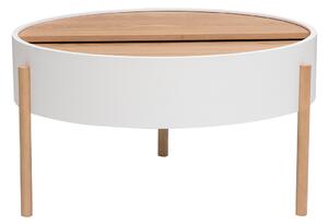 Tavolino basso rotondo bianco e legno chiaro frassino con piano rotante e ripostiglio D80 cm YOLINE