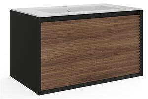 Mobile per bagno sospeso con scanalature e lavabo da incasso 80 cm Naturale scuro e Nero - BANIVA