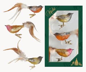 Set di 3 addobbi natalizi in vetro soffiato dipinti a mano con coda di piume Birds