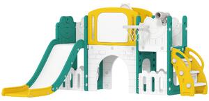 AIYAPLAY Set Scivolo per Bambini 7 in 1 con Arrampicata, Basket, Telescopio, Lavagna e Contenitore, Tema Rana, Giallo | Aosom Italy