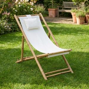 VivaGarden Sdraio da Giardino Pieghevole Cuscino Poggiatesta Schienale Reclinabile in Bamboo/Tessuto Dimensioni 117x60x68 cm colore Bianco